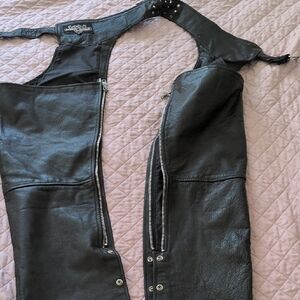 Black Leather Chaps with Zipper Details